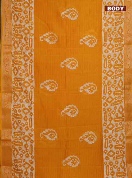 Maheshwari silk cotton saree mango yellow with batik prints and zari woven border
