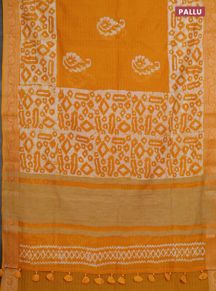 Maheshwari silk cotton saree mango yellow with batik prints and zari woven border
