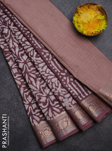 Maheshwari silk cotton saree wine shade with batik prints and zari woven border