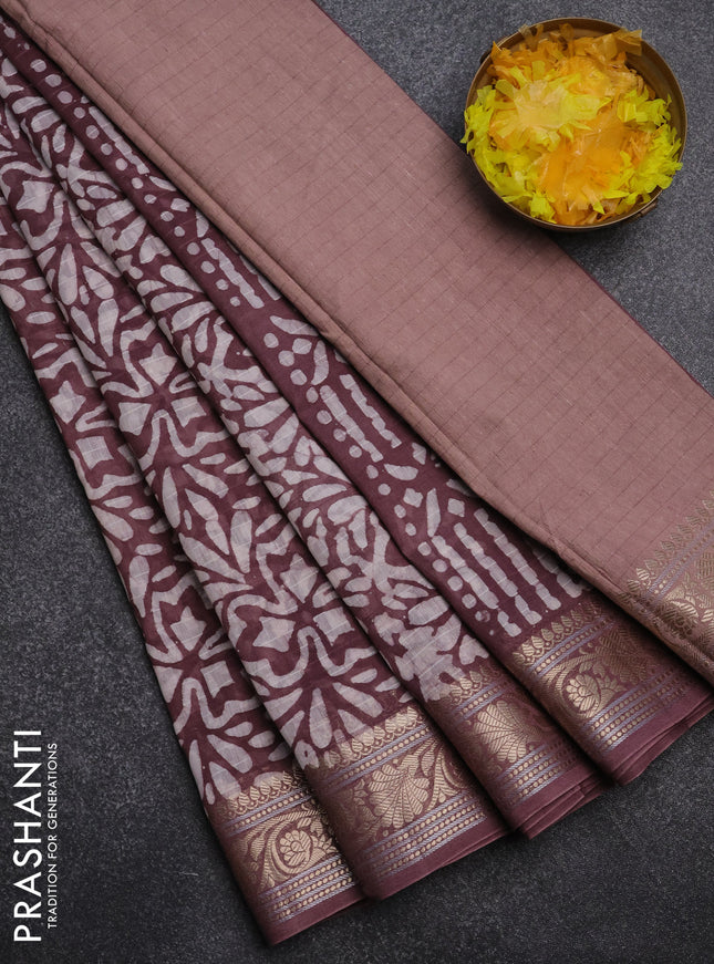 Maheshwari silk cotton saree wine shade with batik prints and zari woven border