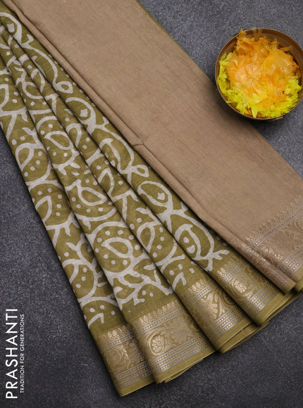Maheshwari silk cotton saree elaichi green with batik prints and zari woven border