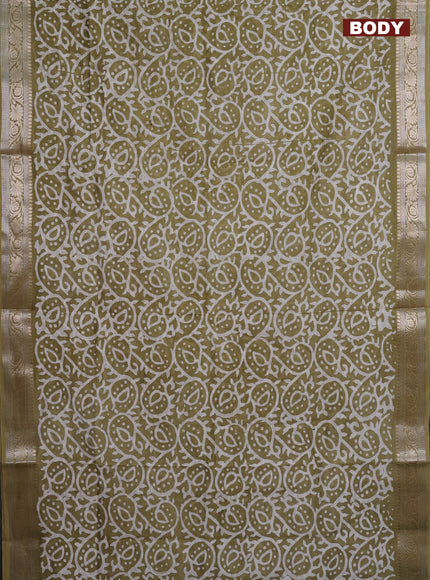 Maheshwari silk cotton saree elaichi green with batik prints and zari woven border