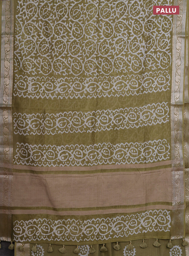 Maheshwari silk cotton saree elaichi green with batik prints and zari woven border