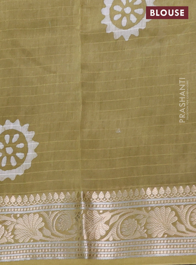 Maheshwari silk cotton saree elaichi green with batik prints and zari woven border