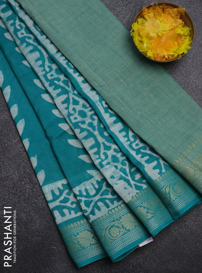 Maheshwari silk cotton saree teal green with batik prints and zari woven border