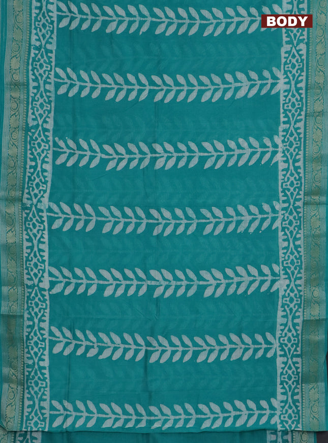 Maheshwari silk cotton saree teal green with batik prints and zari woven border
