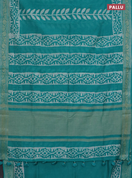 Maheshwari silk cotton saree teal green with batik prints and zari woven border