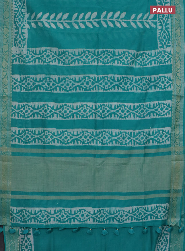 Maheshwari silk cotton saree teal green with batik prints and zari woven border