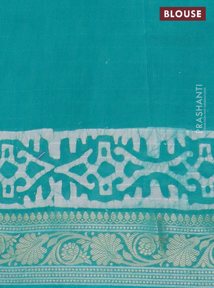 Maheshwari silk cotton saree teal green with batik prints and zari woven border