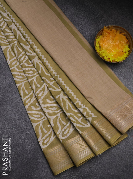 Maheshwari silk cotton saree elaichi green with batik prints and zari woven border