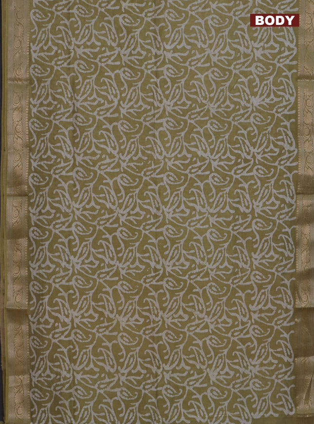 Maheshwari silk cotton saree elaichi green with batik prints and zari woven border