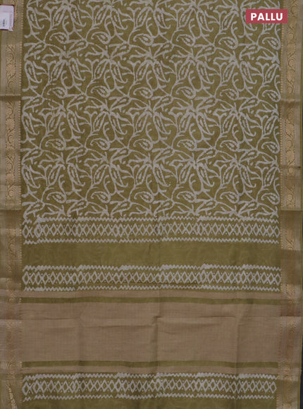 Maheshwari silk cotton saree elaichi green with batik prints and zari woven border
