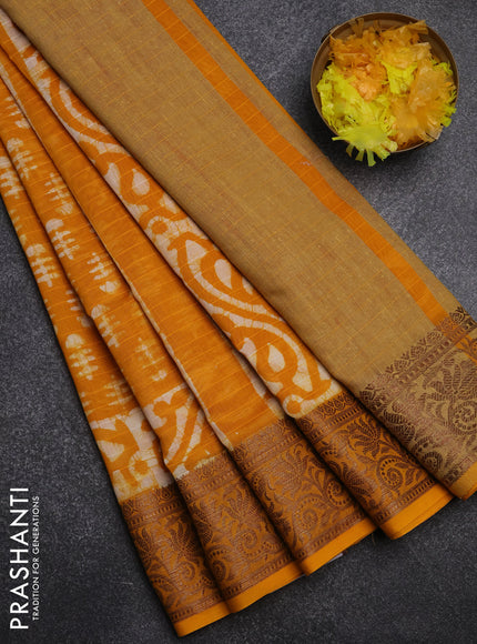 Maheshwari silk cotton saree mango yellow with batik prints and zari woven border
