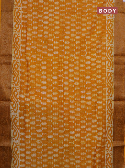 Maheshwari silk cotton saree mango yellow with batik prints and zari woven border