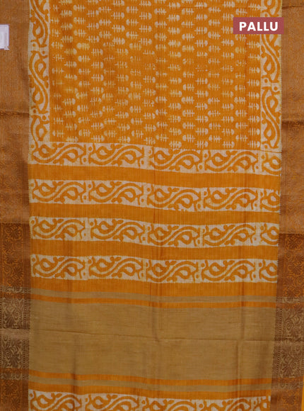 Maheshwari silk cotton saree mango yellow with batik prints and zari woven border