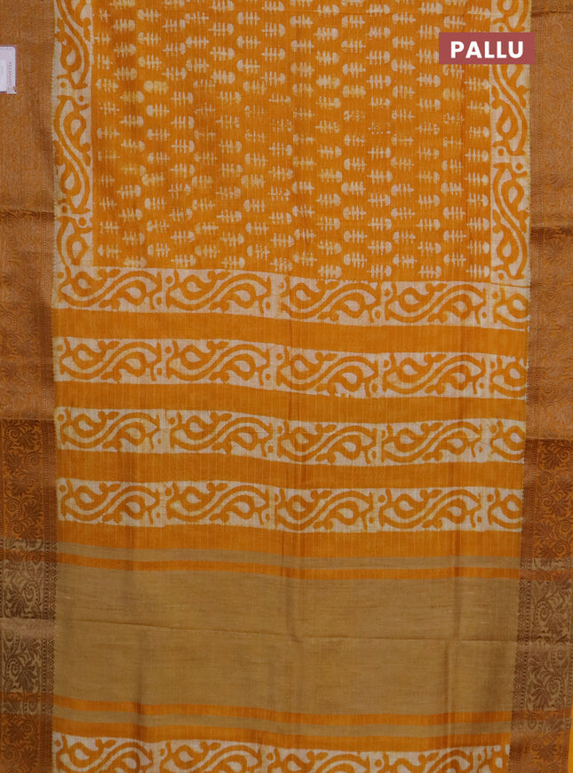 Maheshwari silk cotton saree mango yellow with batik prints and zari woven border