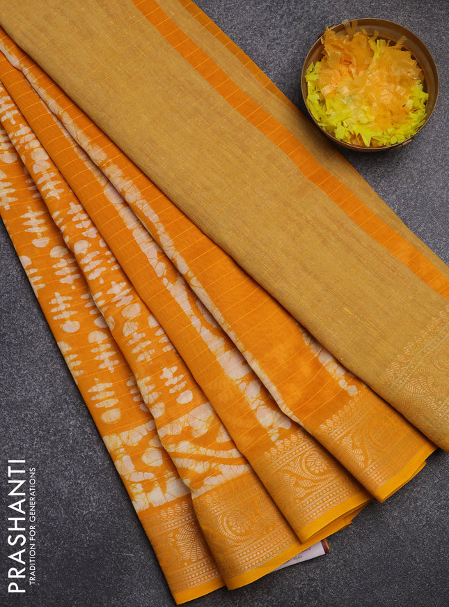 Maheshwari silk cotton saree mango yellow with batik prints and zari woven border