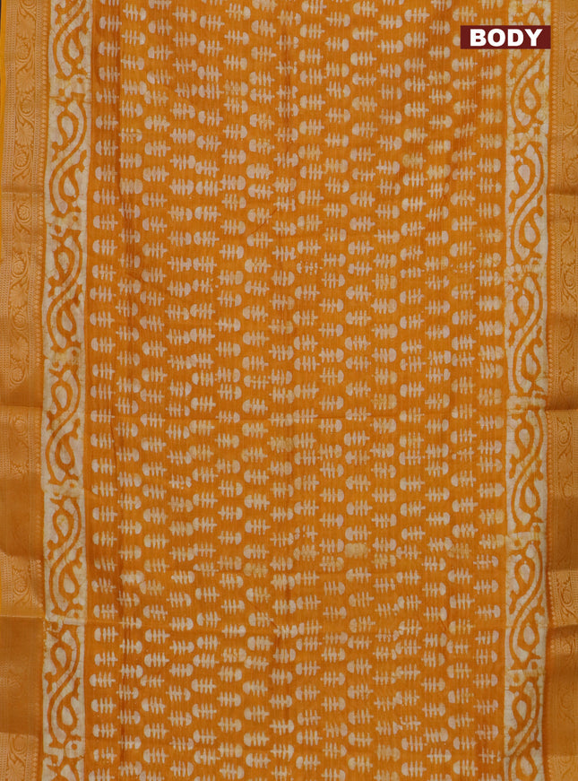 Maheshwari silk cotton saree mango yellow with batik prints and zari woven border