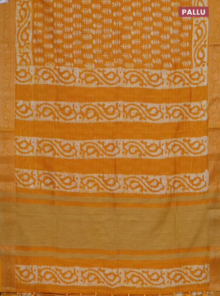 Maheshwari silk cotton saree mango yellow with batik prints and zari woven border