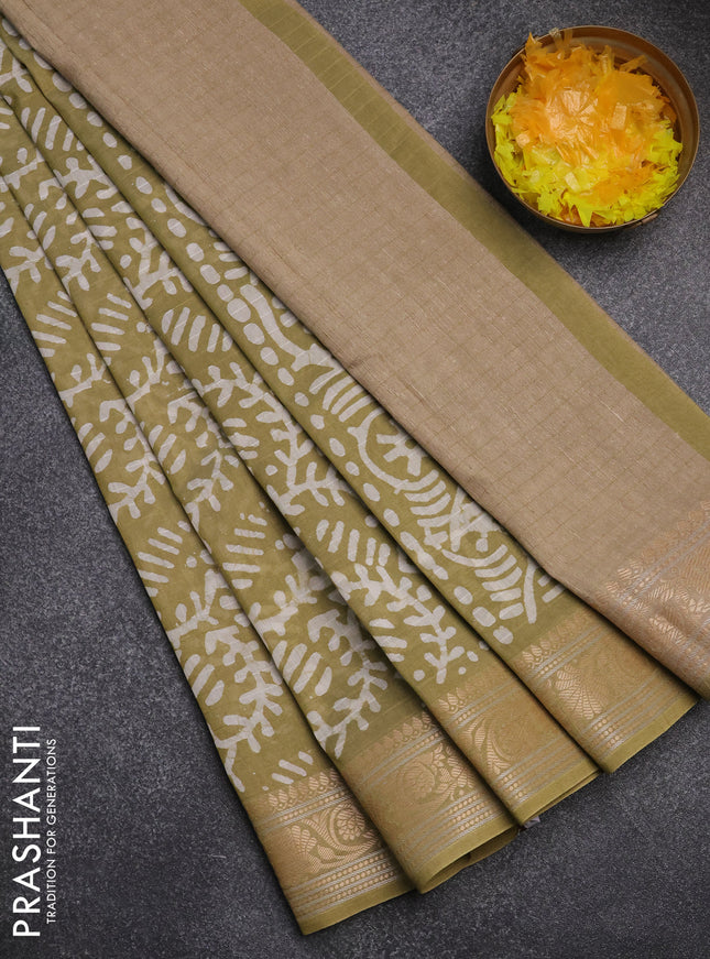 Maheshwari silk cotton saree elaichi green with batik prints and zari woven border
