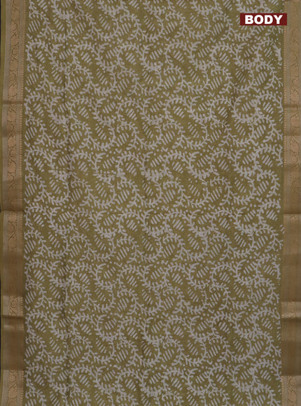Maheshwari silk cotton saree elaichi green with batik prints and zari woven border
