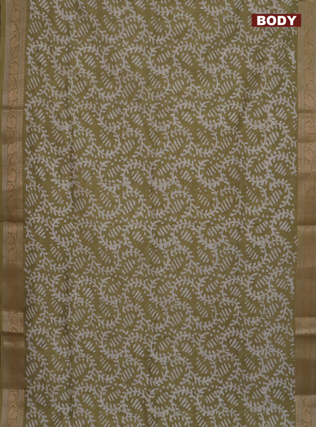 Maheshwari silk cotton saree elaichi green with batik prints and zari woven border