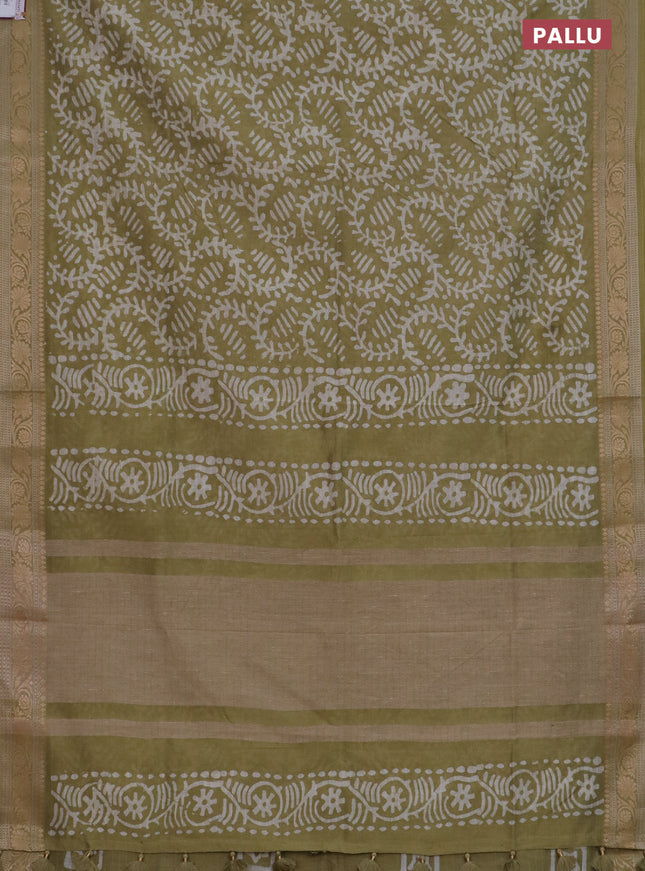 Maheshwari silk cotton saree elaichi green with batik prints and zari woven border