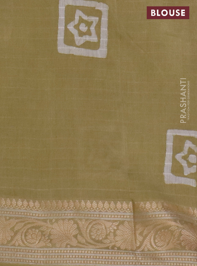 Maheshwari silk cotton saree elaichi green with batik prints and zari woven border