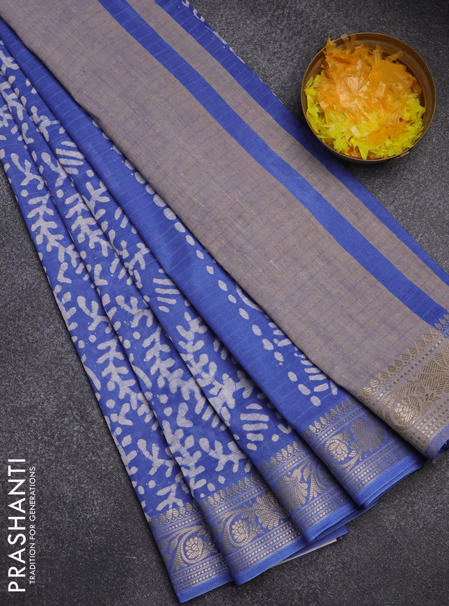 Maheshwari silk cotton saree blue with batik prints and zari woven border