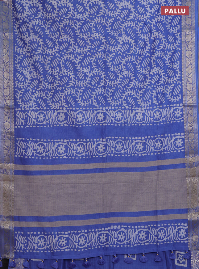 Maheshwari silk cotton saree blue with batik prints and zari woven border