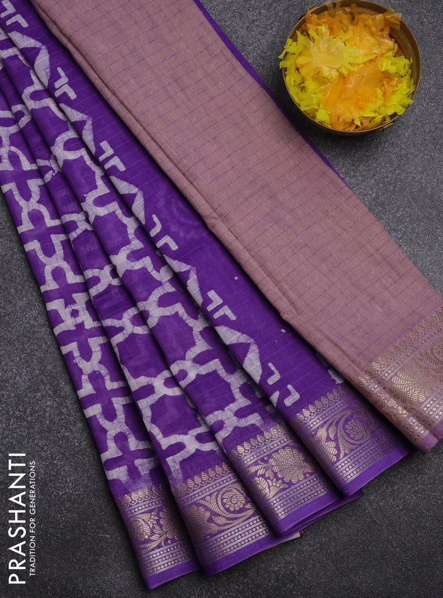 Maheshwari silk cotton saree violet with batik prints and zari woven border