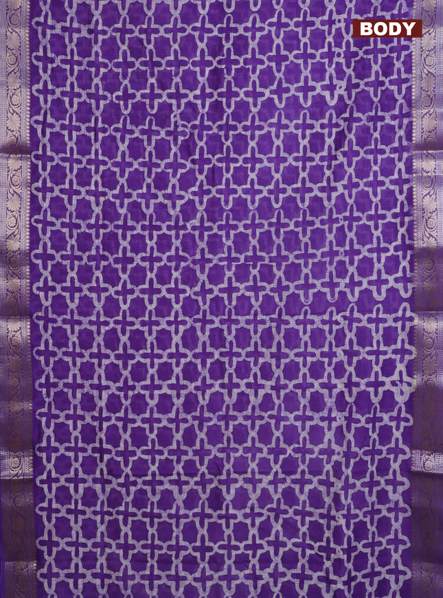 Maheshwari silk cotton saree violet with batik prints and zari woven border