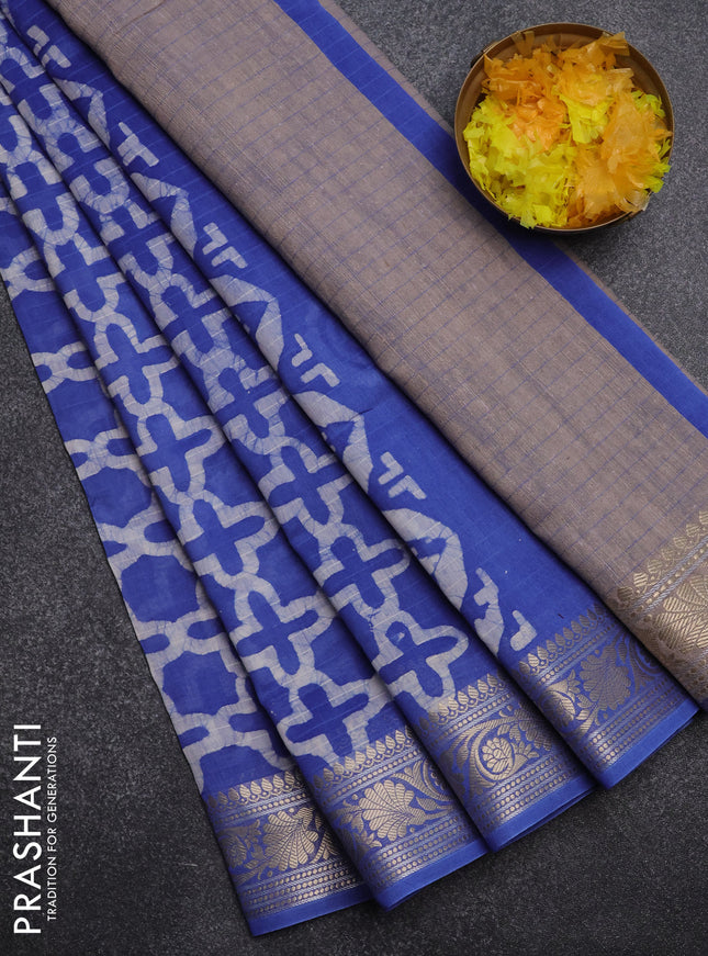 Maheshwari silk cotton saree blue with batik prints and zari woven border