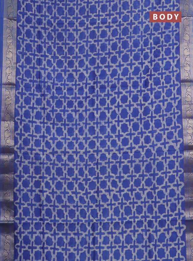 Maheshwari silk cotton saree blue with batik prints and zari woven border
