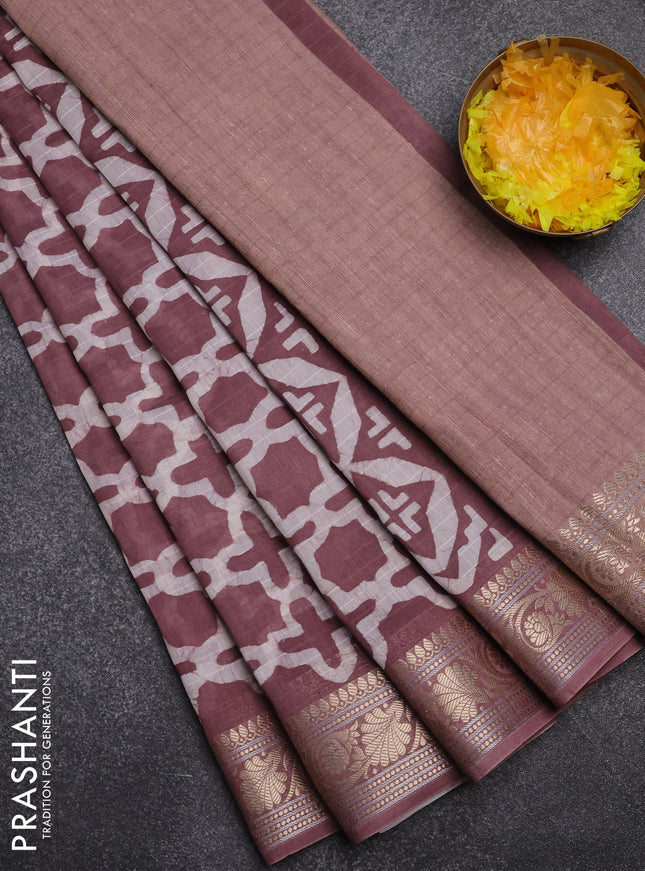 Maheshwari silk cotton saree mauve pink with batik prints and zari woven border