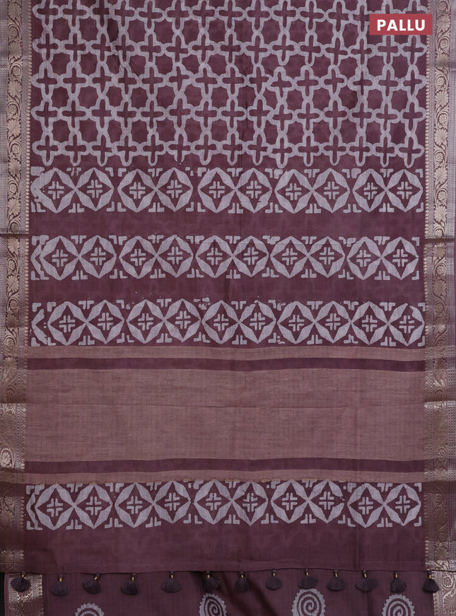 Maheshwari silk cotton saree mauve pink with batik prints and zari woven border