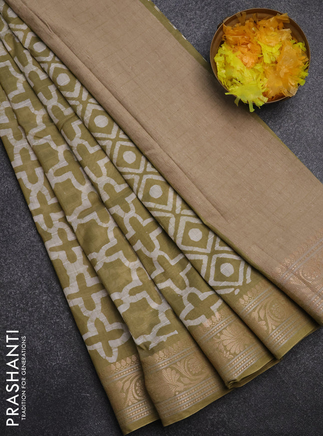 Maheshwari silk cotton saree elaichi green with batik prints and zari woven border