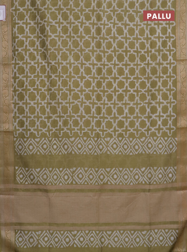 Maheshwari silk cotton saree elaichi green with batik prints and zari woven border
