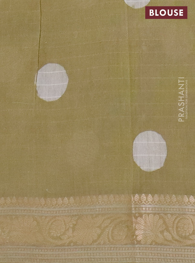 Maheshwari silk cotton saree elaichi green with batik prints and zari woven border