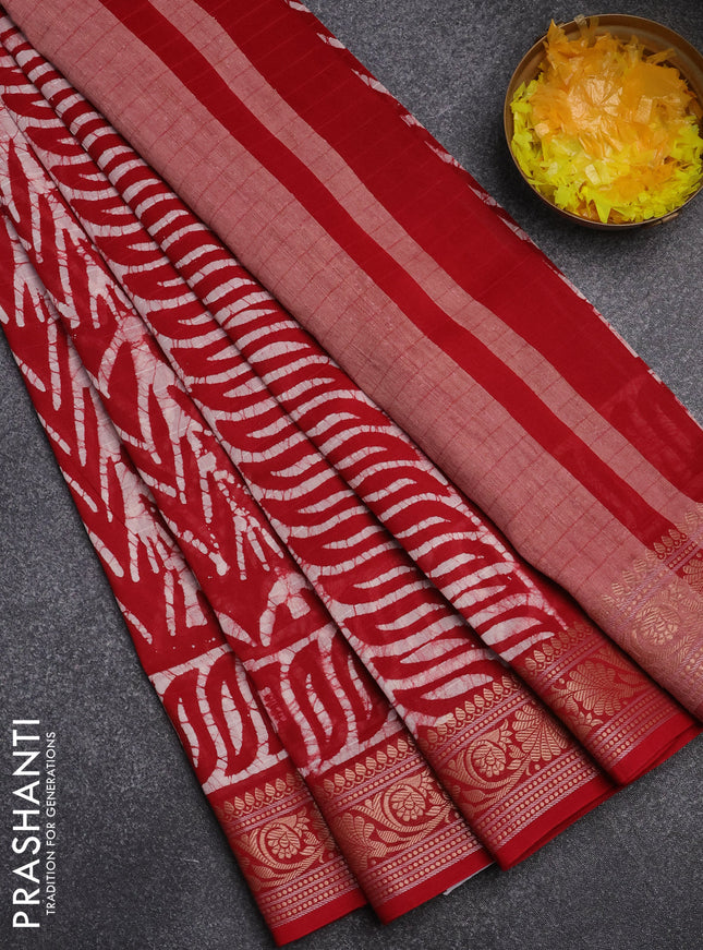 Maheshwari silk cotton saree maroon with batik prints and zari woven border