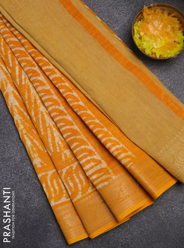 Maheshwari silk cotton saree mango yellow with batik prints and zari woven border