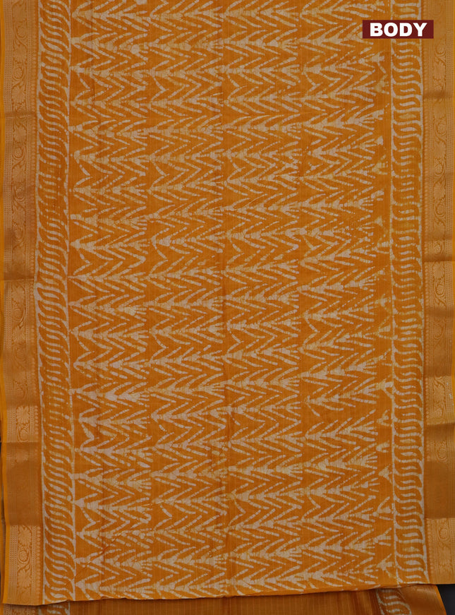 Maheshwari silk cotton saree mango yellow with batik prints and zari woven border