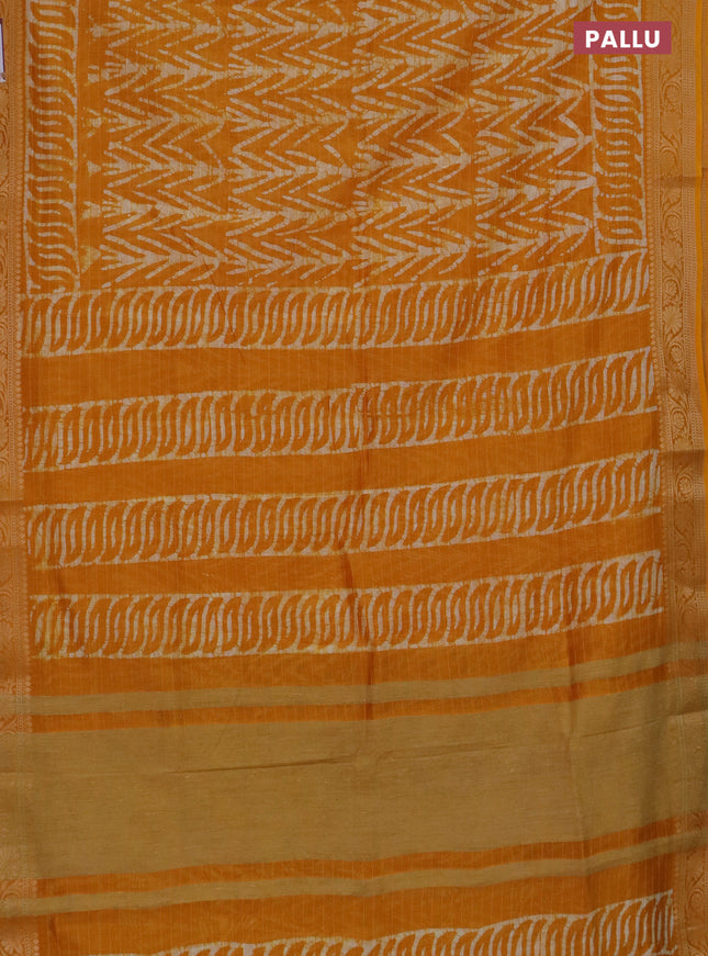 Maheshwari silk cotton saree mango yellow with batik prints and zari woven border