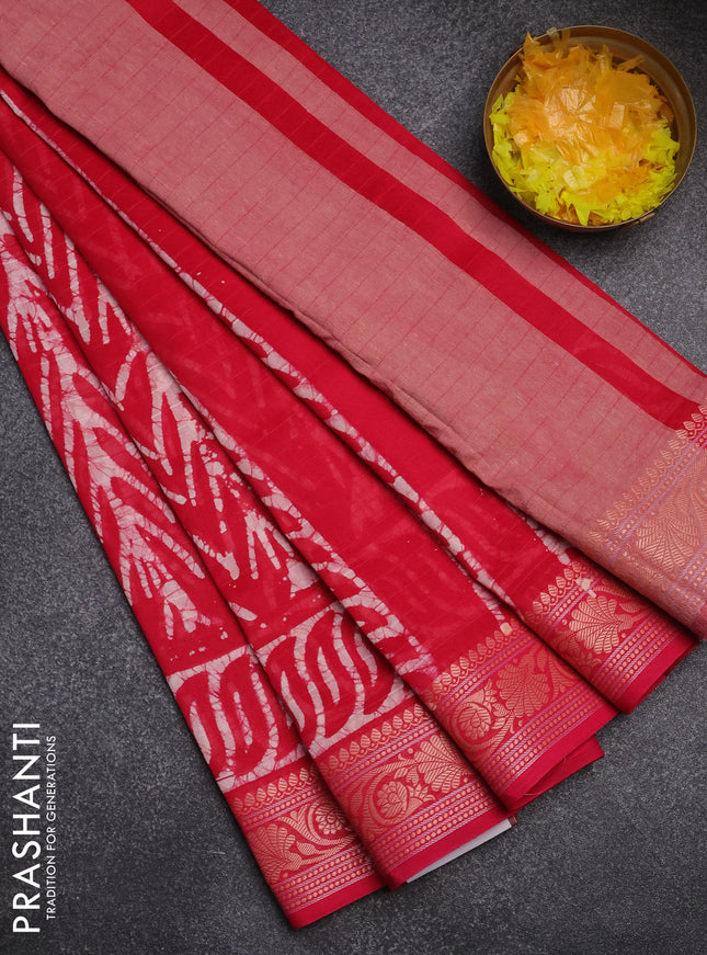 Maheshwari silk cotton saree pink with batik prints and zari woven border