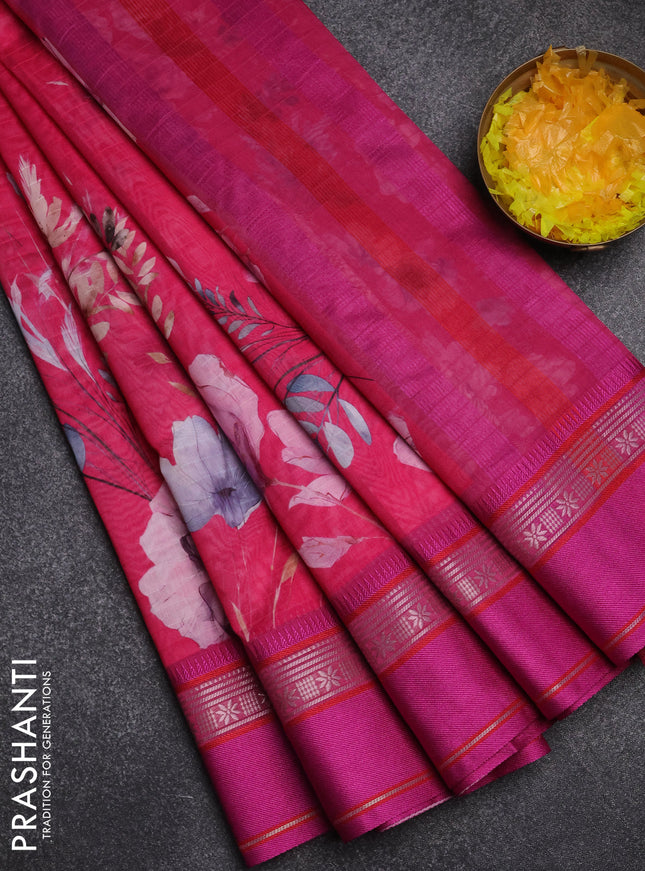 Maheshwari silk cotton saree pink and magenta pink with floral digital prints and rettapet zari woven border