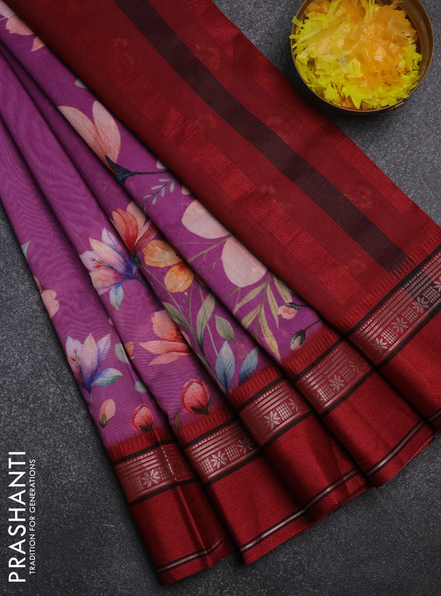 Maheshwari silk cotton saree purple and maroon with floral digital prints and rettapet zari woven border