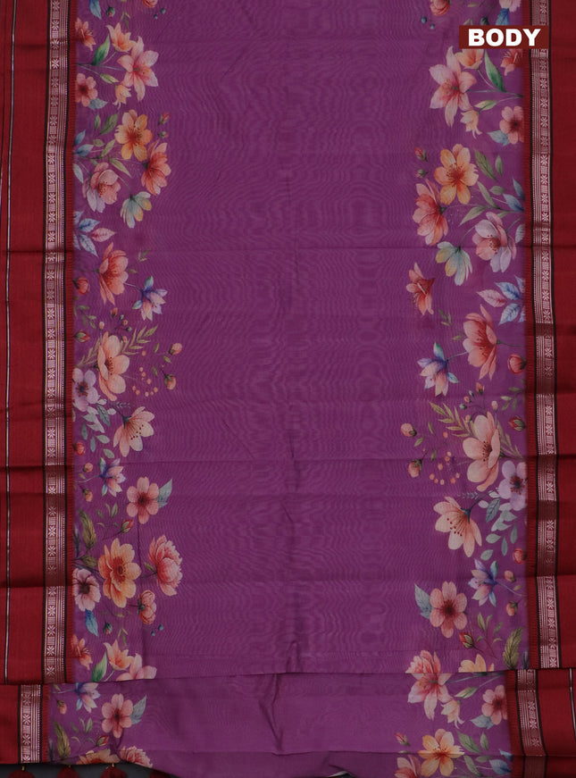 Maheshwari silk cotton saree purple and maroon with floral digital prints and rettapet zari woven border