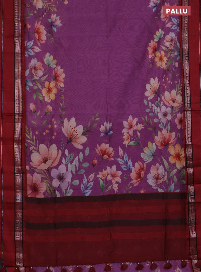 Maheshwari silk cotton saree purple and maroon with floral digital prints and rettapet zari woven border