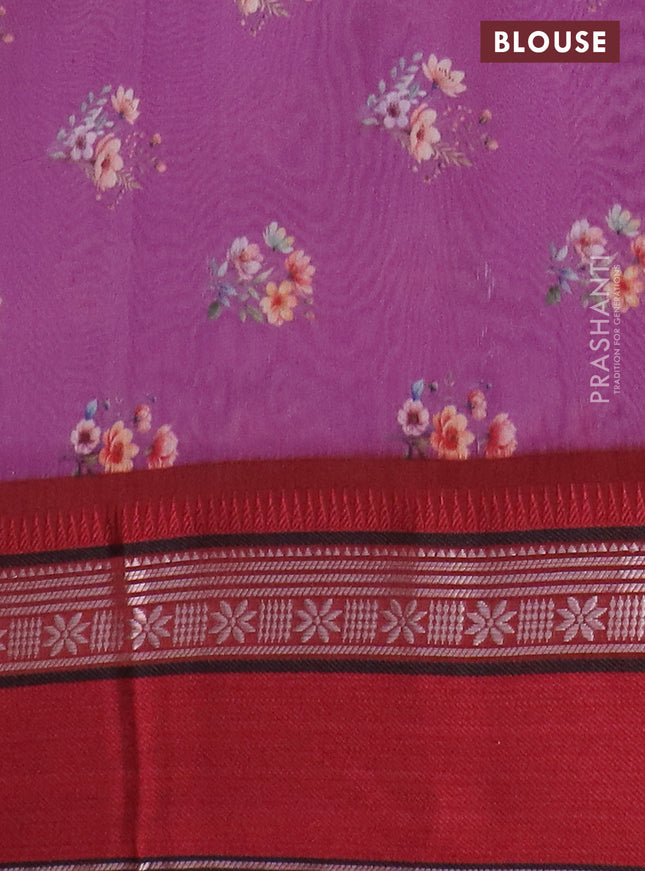 Maheshwari silk cotton saree purple and maroon with floral digital prints and rettapet zari woven border