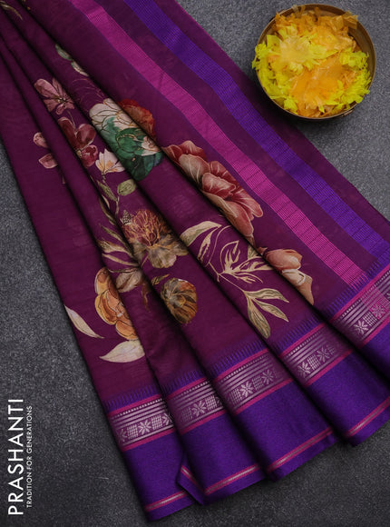 Maheshwari silk cotton saree purple and blue with floral digital prints and rettapet zari woven border